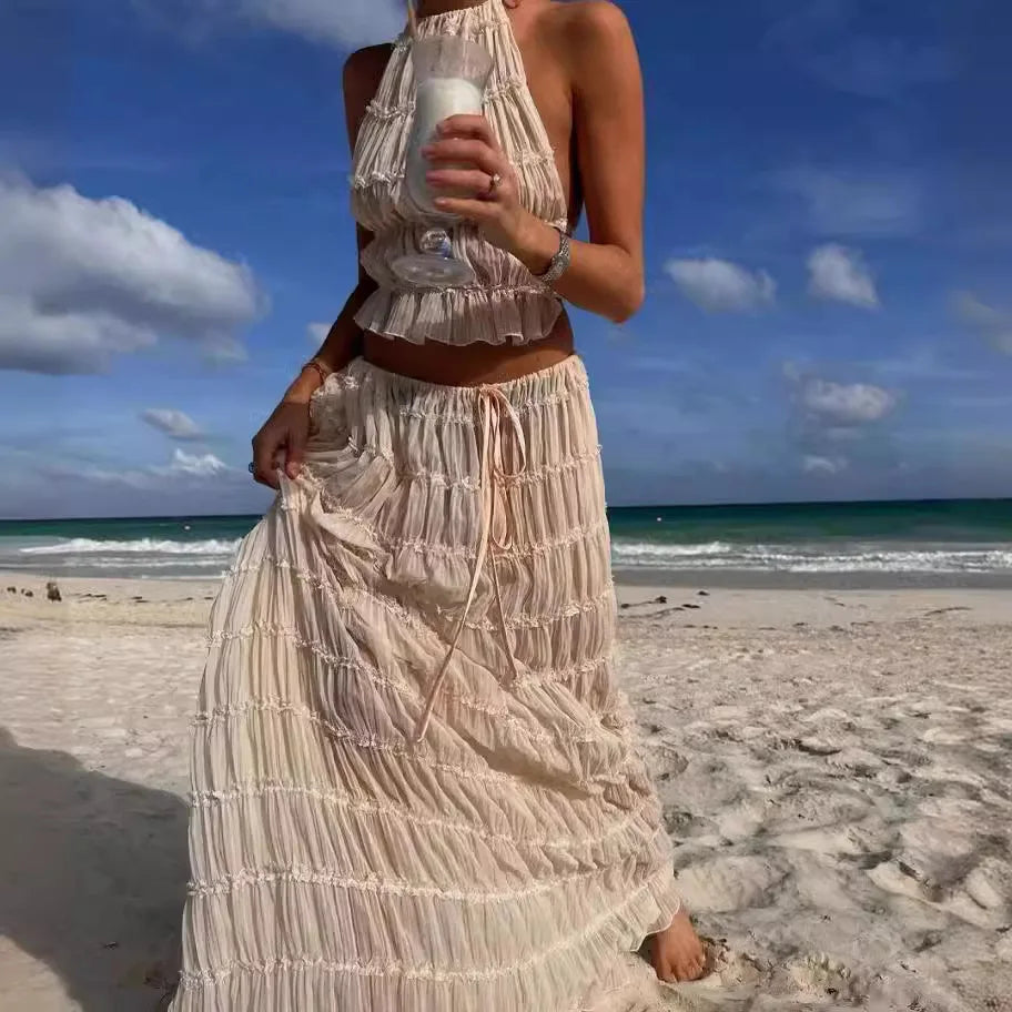 Summer new sexy halter top with exposed back and camisole, pleated lace vest, long skirt set