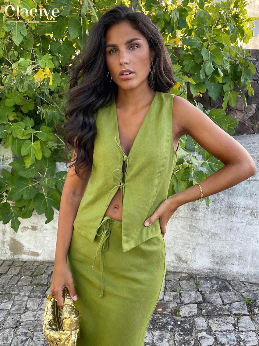 Clacive Sexy Slim Green Cotton 2 Piece Sets Women Outfit Summer Sleeveless Tank Top With Mid Waist Long Skirts Set Female