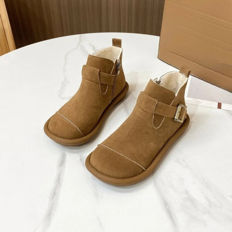 2026 New Autumn/Winter Fashion Flat Short Boots Round Toe Side Zipper Buckle Casual Splice Women's Shoes  35-40