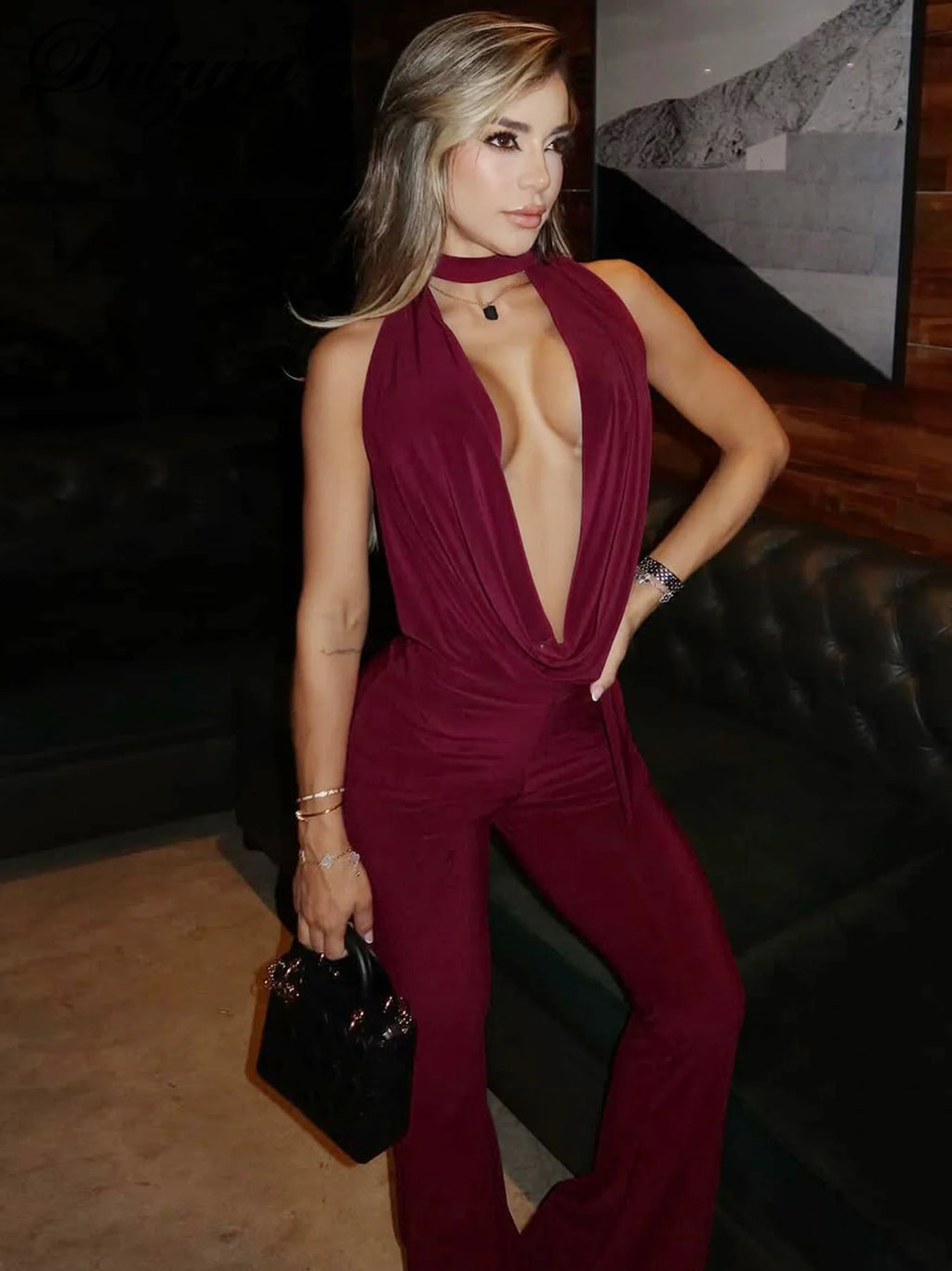 Dulzura Summer Solid Sexy Halter Swinging Collar Backless Slim Lace Up Flared Jumpsuit