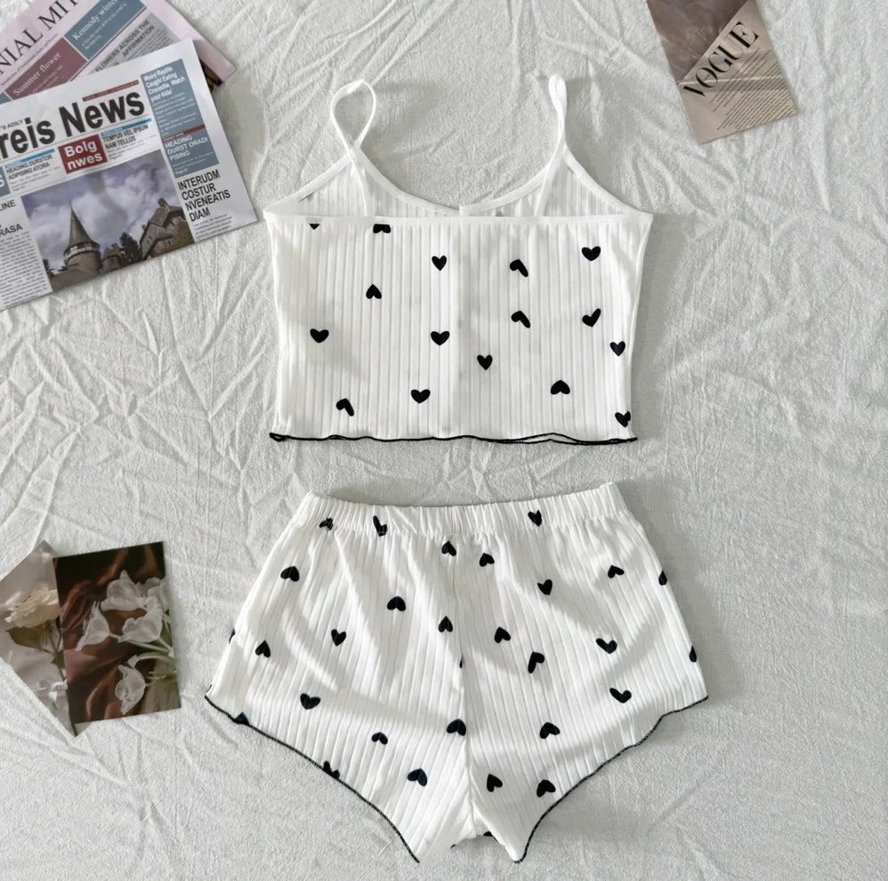 Sexy Sleepwear Women Pajamas Set Heart Print Silk Stain V-Neck Sleeveless Casual Cami Top and Shorts Sets Home Suit Loungewear