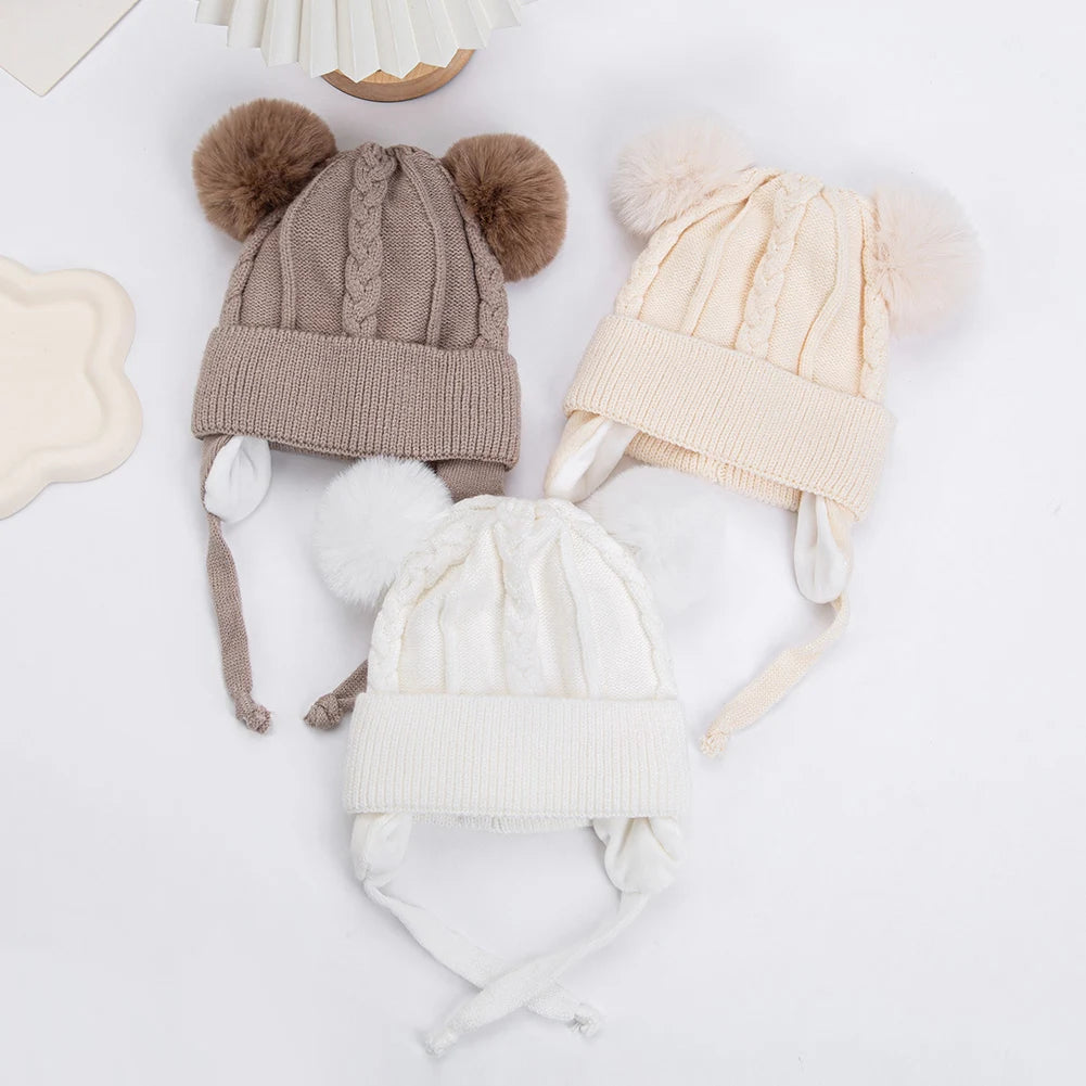 Cute Bear Earpuff Textured Knit Hats Pompom Baby Boys Girls Thick Warm Winter Ear Protection Caps Cotton Lining Kids Headwraps