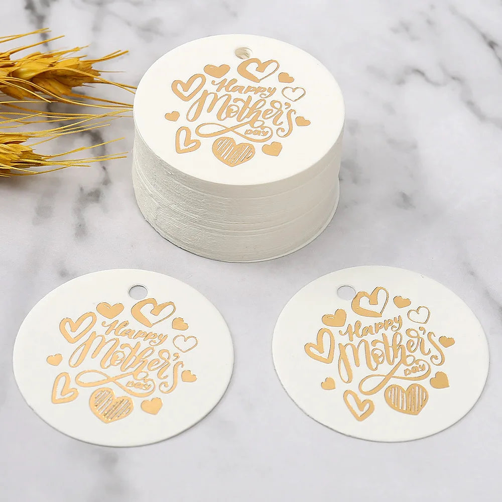 50pcs Happy Mother's Day Gift Tags Bronzing White Paper Cards Mother Mum Mommy Gifts Bags Boxes Decoration Product Hang Tag