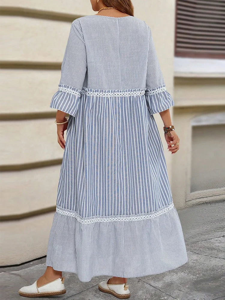 GIBSIE Plus Size Striped O-Neck 3/4 Sleeve Loose Dress Women Summer Casual Style Vacation Ladies Maxi Long Dresses