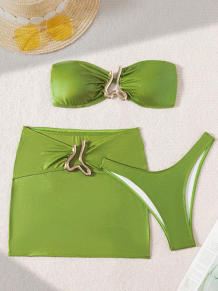 3 PCS with Sarong Skirt Bandeau Bikini Women Swimwear Female Swimsuit Three-pieces Bikini Set Bather Bathing Suit Swim Beachwear