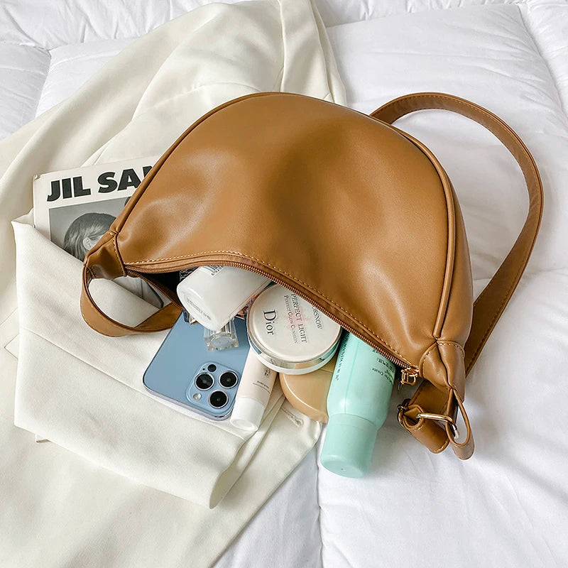 Half Moon Small PU Leather Zipper Crossbody Bags For Women Solid Color Shoulder Handbags 2025 Trends Winter Luxury Brand