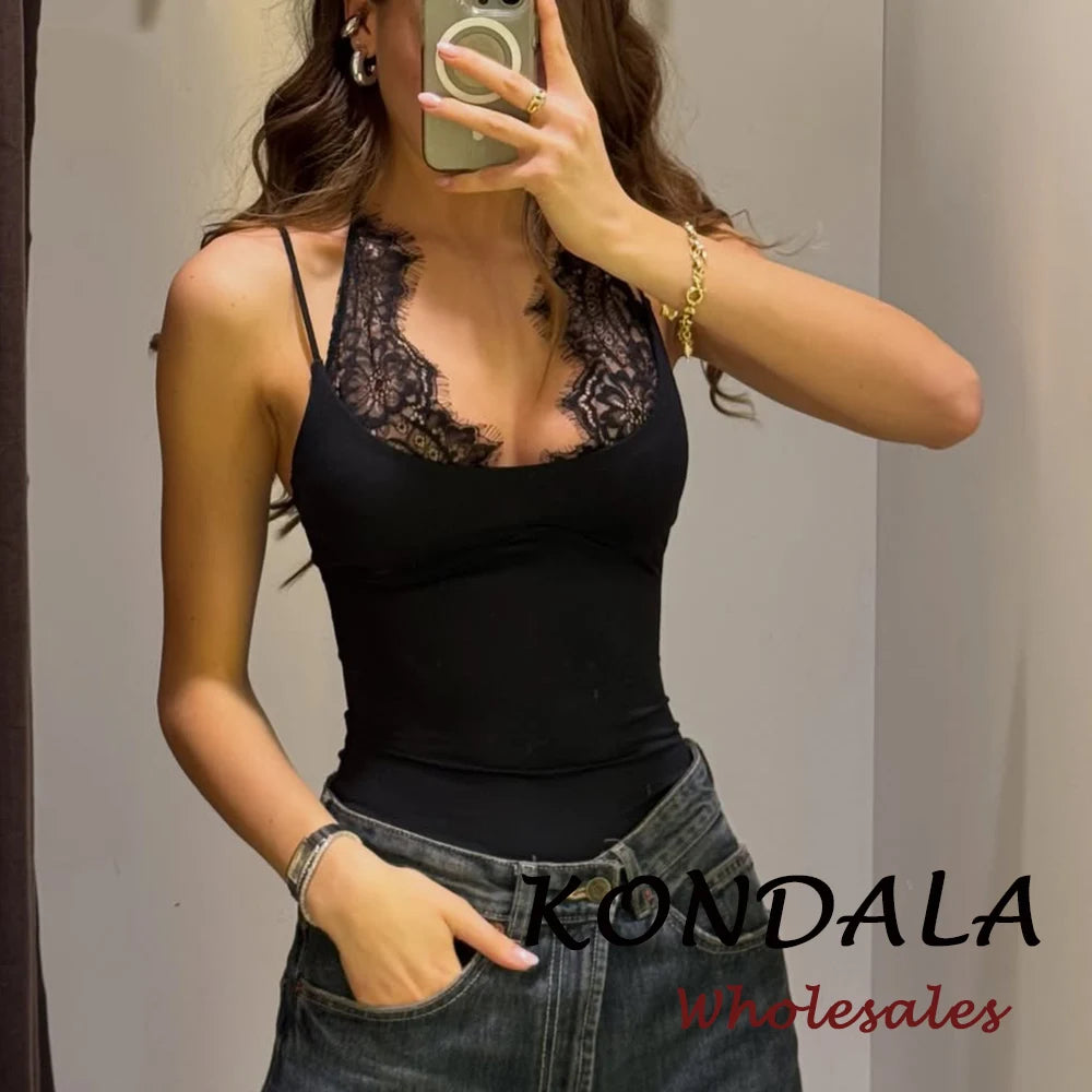 KONDALA Woman Sexy Night Party Pink Bodysuits Patchwork Lace Sleeveless Streetwear Slim Bodysuits Fashion Mujer Sheath Tops