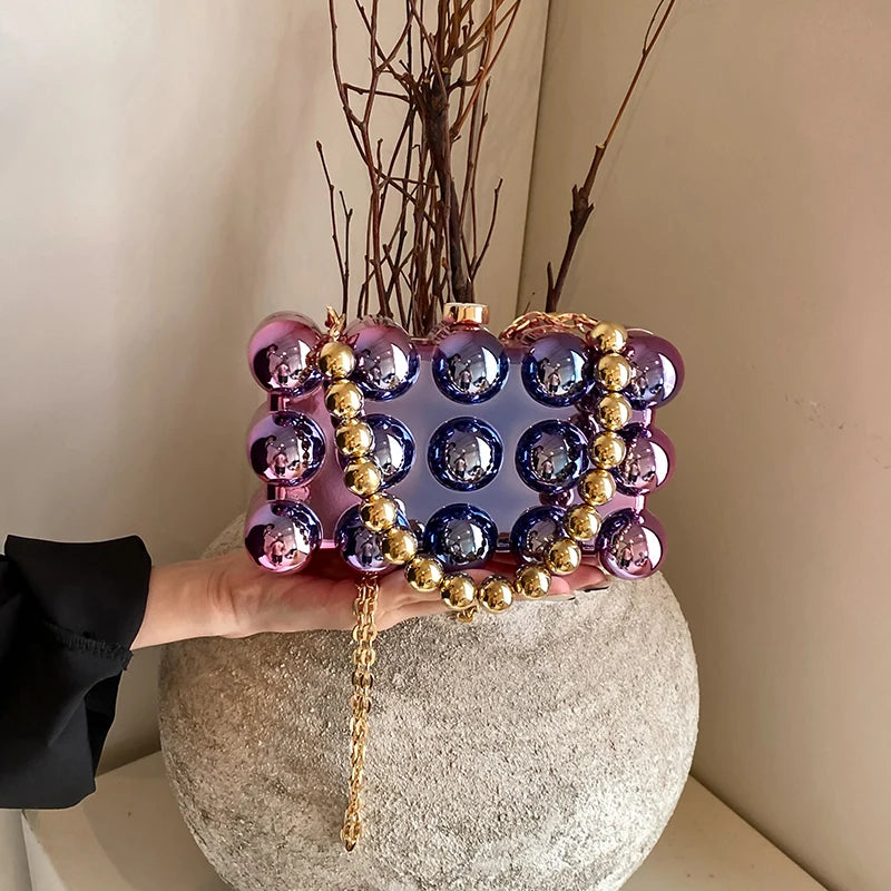 Gold Beaded Chain Banquet Purse Luxury Acrylic Cake Box Bag Women Niche Design Creative High-end Brand Elegant Shoulder Handbag