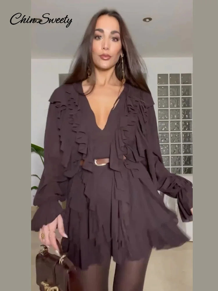 Sexy Ruffles Short Dress V-neck Long Lantern Sleeve Pleated Brown Party Dresses Female Spring Summer Lady Loose Vestidos