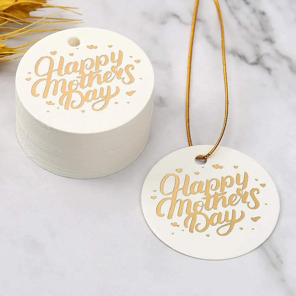 50pcs Happy Mother's Day Gift Tags Bronzing White Paper Cards Mother Mum Mommy Gifts Bags Boxes Decoration Product Hang Tag