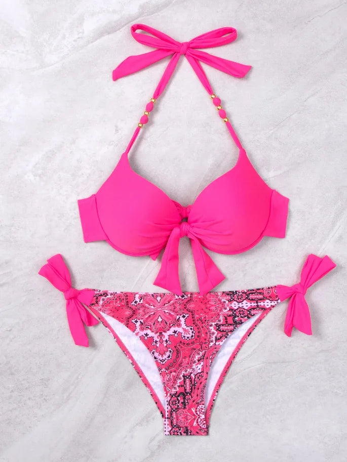 Push Up Halter Bikini Printed Swimsuit Women Sexy Strappy Swimwear Female Bathers Bathing Swimming Swim Suit Beachwear