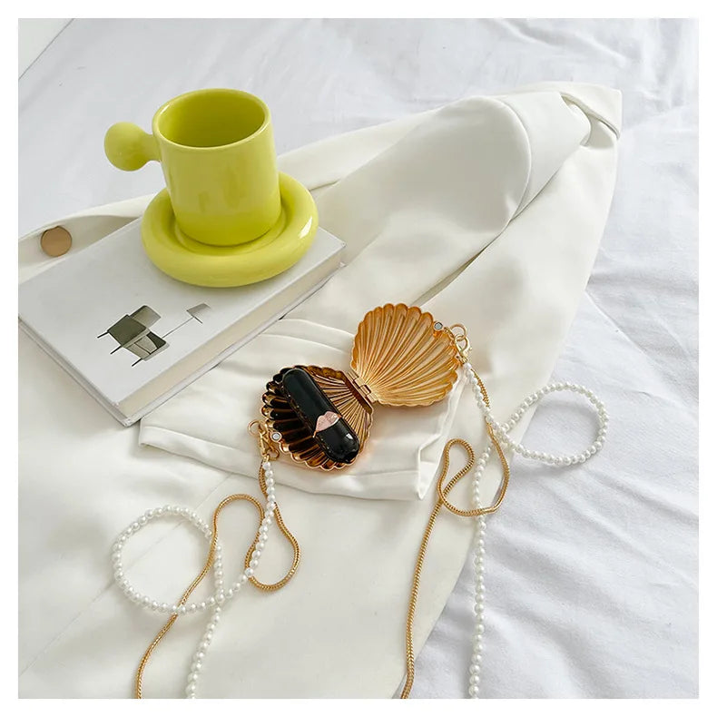 2026 New Summer Lipstick Bags for Women Fashion Pearl Mini Purse Crossbody Bag High Quality Gold Shell Bag Designer Shoulder Bag