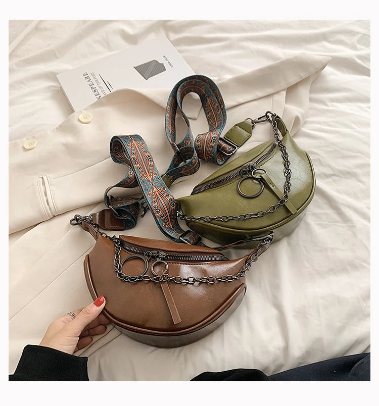 Fashion Saddle Waist Bag Fanny pack Luxury Leather Female Belt Bags Chain Handbag Purse Woman Retro Shoulder Crossbody Chest Bag