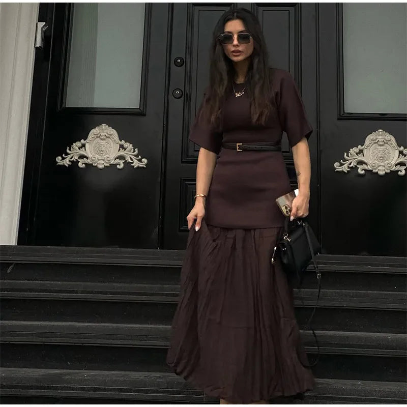 Chic Splicing Brown Half Sleeve Maxi Dress Women's Casual Pleated A-line Slim Vestidos Female Office Commute Street Robes