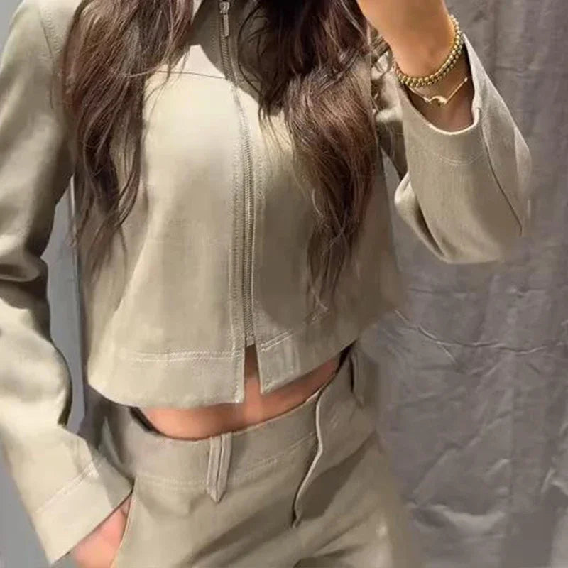 Casual Trousers Set Women Cotton Linen Lapel Zippers Crop Top Straight Pants Sets Lady 2026 Spring Solid Suit Woman Streetwear