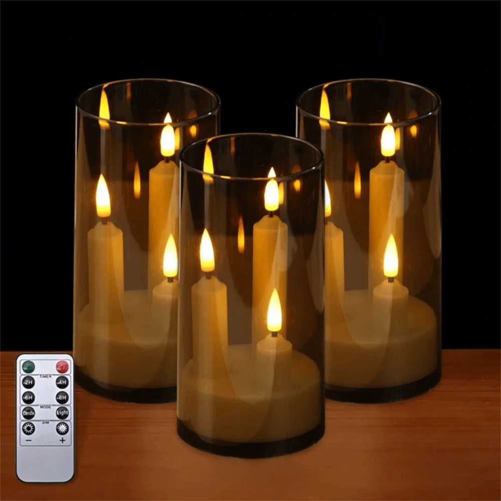3 in 1 Design Flameless Taper Candles Transparent Lampshade Warm Light Flickering LED Candles Romantic Decorative