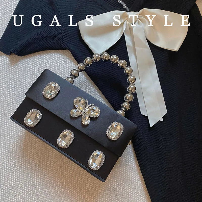 Luxury Designer Satin Square Box Crystal Shiny Diamonds Evening Bag Women's Handbag Wedding Party Clutch Purse Crossbody Bag