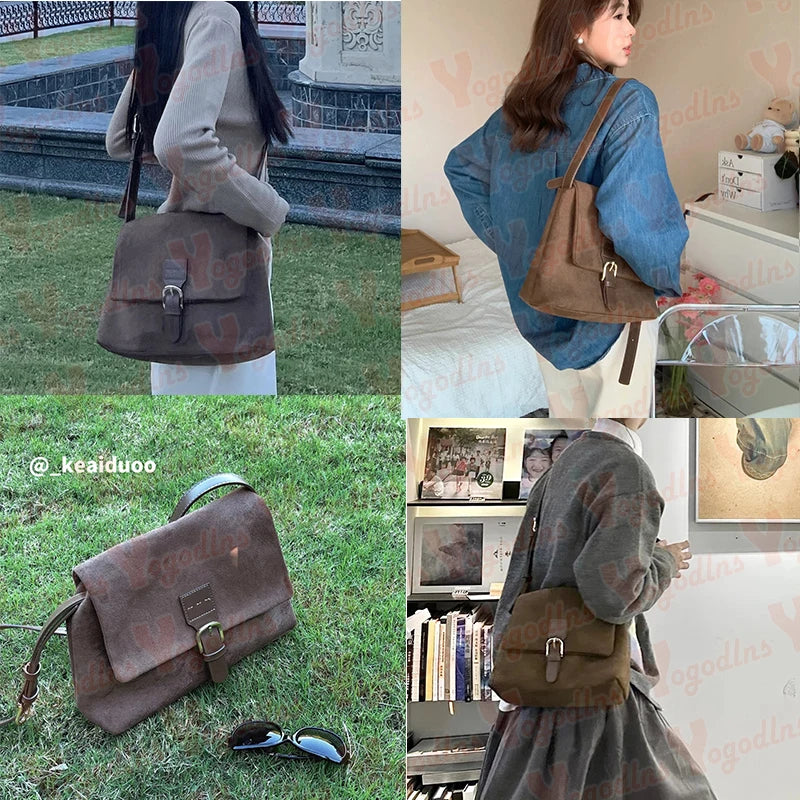 Vintage Brown Suede Soft PU Leather Women Shoulder Bags Large Capacity Crossbody Bag Tote Bag High Quality Fashion Hobo Handbags