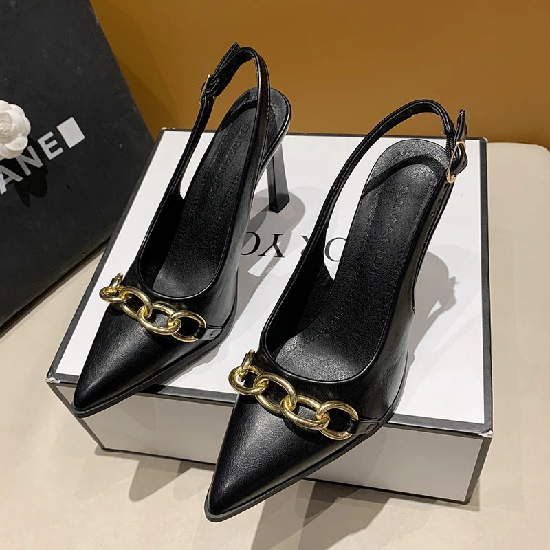 Summer Women Sandals Elegant Versatile Women High Heels Party Wedding Fashion Point-toe Ladies Causal Dresses Shoes Metal Chain