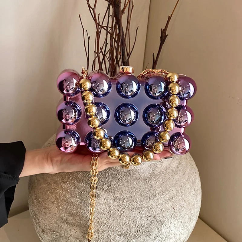 Gold Beaded Chain Banquet Purse Luxury Acrylic Cake Box Bag Women Niche Design Creative High-end Brand Elegant Shoulder Handbag