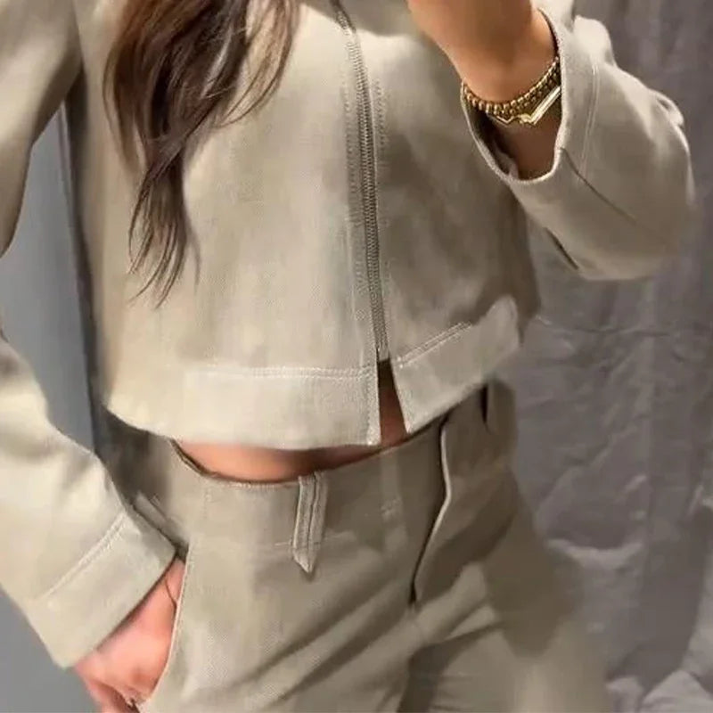Casual Trousers Set Women Cotton Linen Lapel Zippers Crop Top Straight Pants Sets Lady 2026 Spring Solid Suit Woman Streetwear