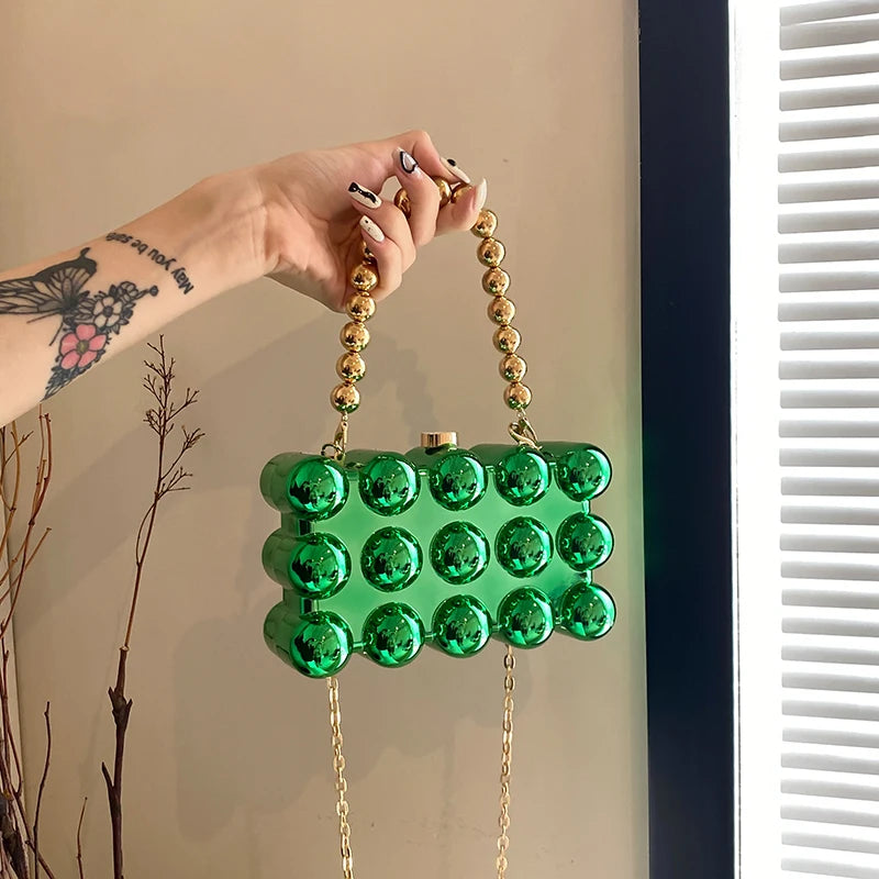 Gold Beaded Chain Banquet Purse Luxury Acrylic Cake Box Bag Women Niche Design Creative High-end Brand Elegant Shoulder Handbag