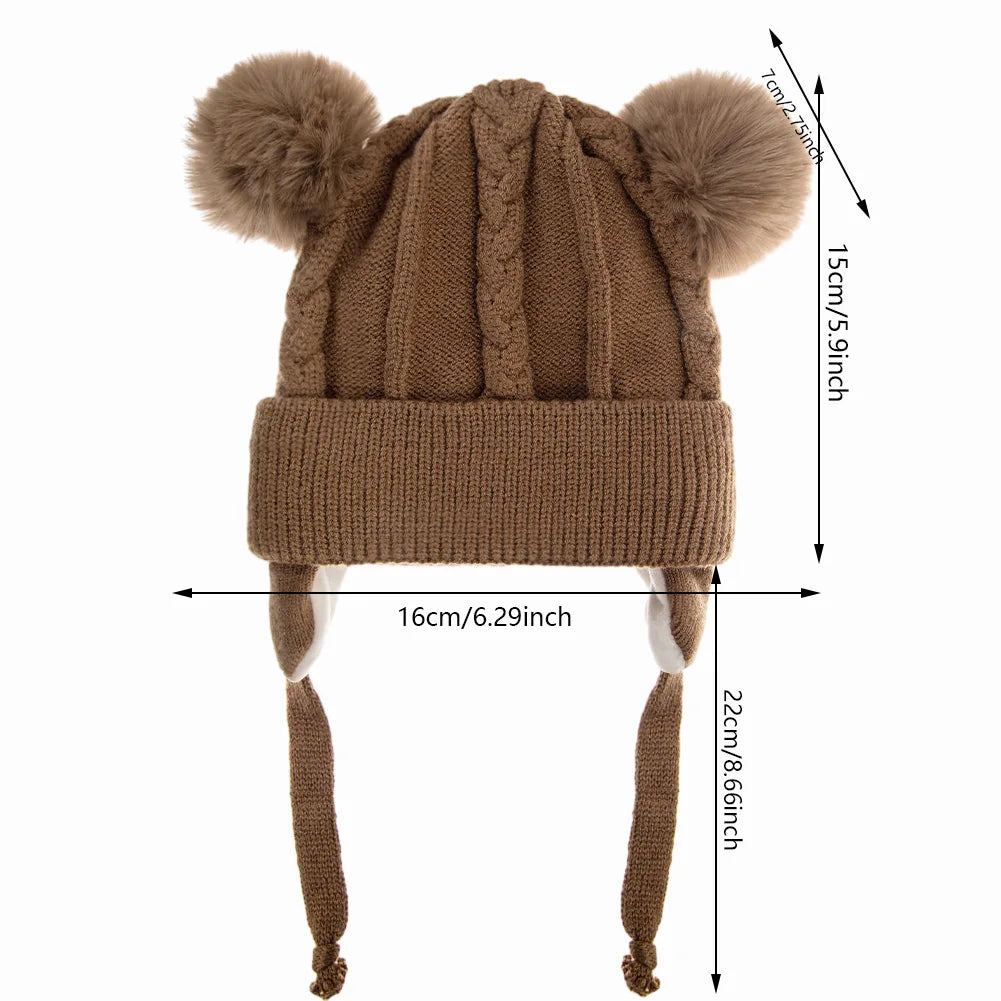 Cute Bear Earpuff Textured Knit Hats Pompom Baby Boys Girls Thick Warm Winter Ear Protection Caps Cotton Lining Kids Headwraps