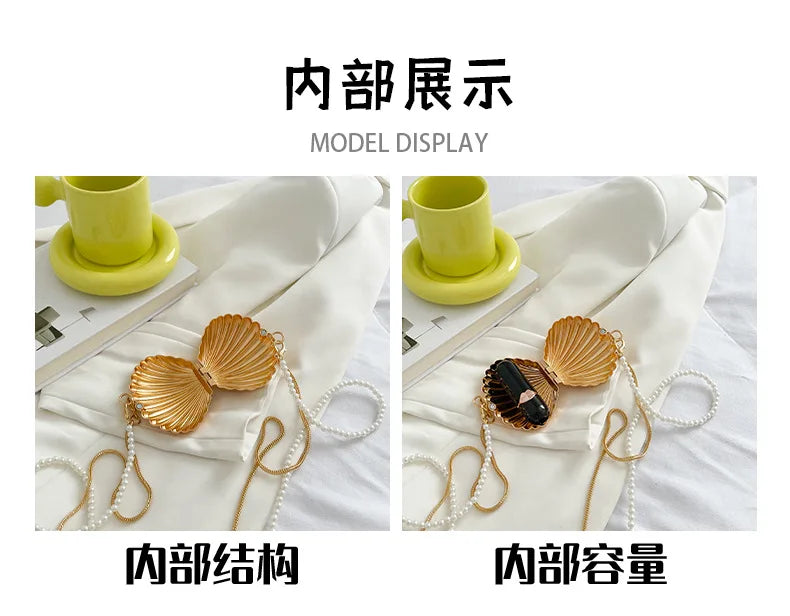 2026 New Summer Lipstick Bags for Women Fashion Pearl Mini Purse Crossbody Bag High Quality Gold Shell Bag Designer Shoulder Bag