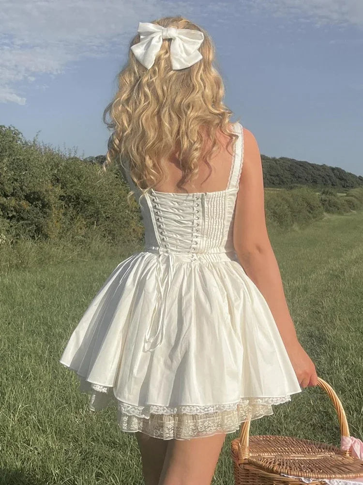 Mingmingx White A Line Party Dresses Women Mini Elegant Lace Up Holiday Dress Casual Spaghetti Strap Summer Women Clothing