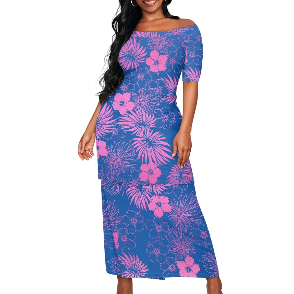 Summer Islander Women Puletasi Samoa Dresses Lady Short Sleeve Off shoulder Two Piece Set Polynesian Tribal Clothing White Print