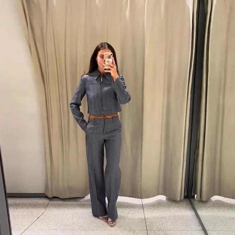 Casual Trousers Set Women Cotton Linen Lapel Zippers Crop Top Straight Pants Sets Lady 2026 Spring Solid Suit Woman Streetwear
