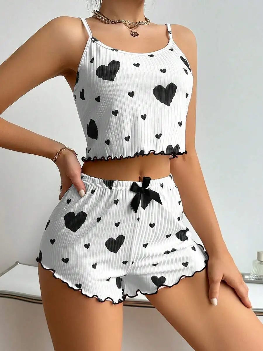 Women's Kawaii Pink Heart Print Pajama Set, Ribbed Spaghetti Strap Crop Top & Shorts, Summer Sleepwear Loungewear
