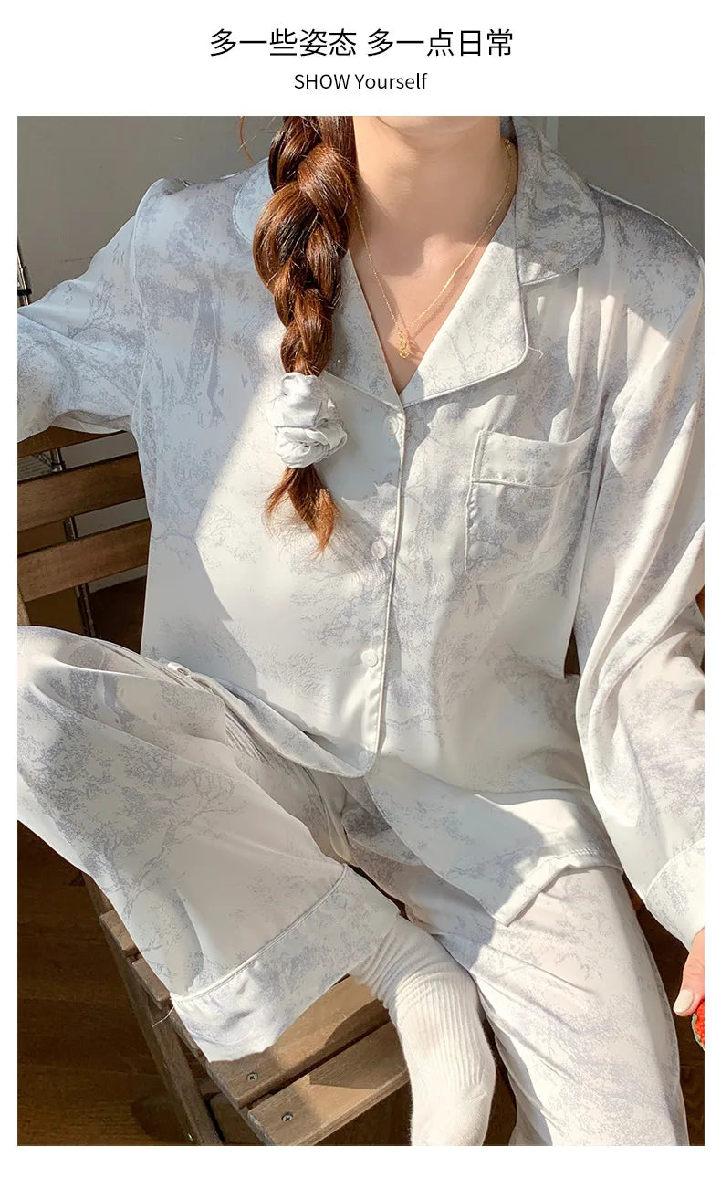 Women Sleepwear 2PCS Pajamas Set Sexy Print Flower Long Sleeve Trouser Suits Loungewear Loose Casual Satin Home Clothes Pyjama