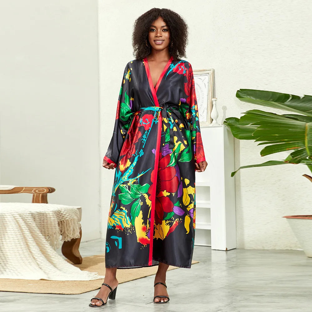 Long Kimono Bath Robe Gown Wide Sleeve Print Flower Robe Women Satin Nightgown New Silk Satin Nightdress V-Neck Lounge Sleepwear