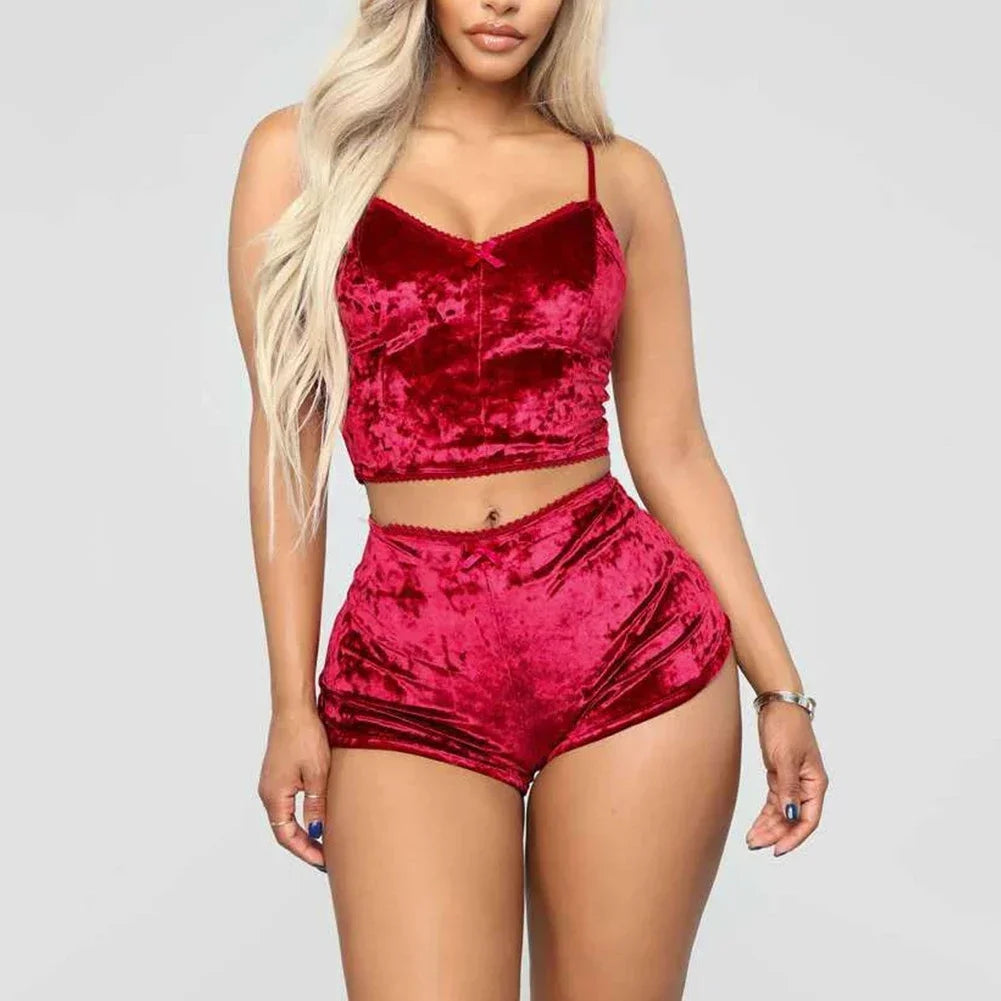 Women Sexy Lingerie Set Oil Shiny Nightwear Super Soft Short Sleepwear Sleeveless Crop Tops Solid Shorts Pajamas Set Casual Wear