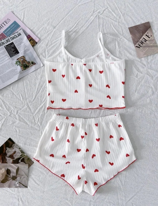 Sexy Sleepwear Women Pajamas Set Heart Print Silk Stain V-Neck Sleeveless Casual Cami Top and Shorts Sets Home Suit Loungewear