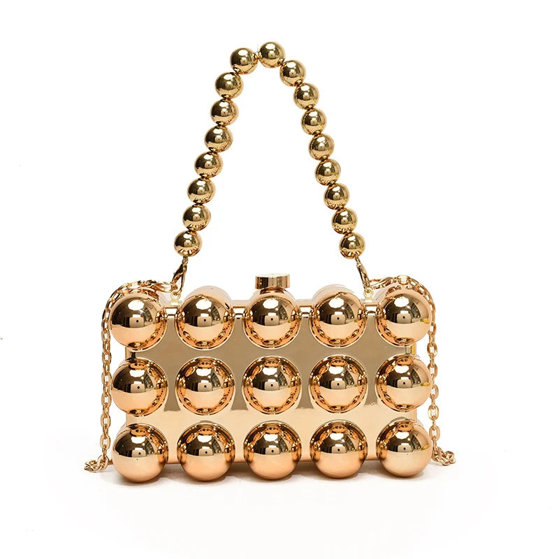 Gold Beaded Chain Banquet Purse Luxury Acrylic Cake Box Bag Women Niche Design Creative High-end Brand Elegant Shoulder Handbag