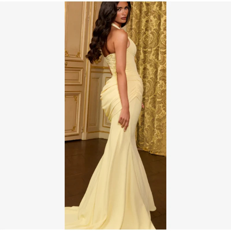 Sexy Yellow Mermaid Maxi Dress Halter Plunging V Neck Pleated Bust Ruched Waist Bodycon Dresses Trendy Social Gathering Vestido