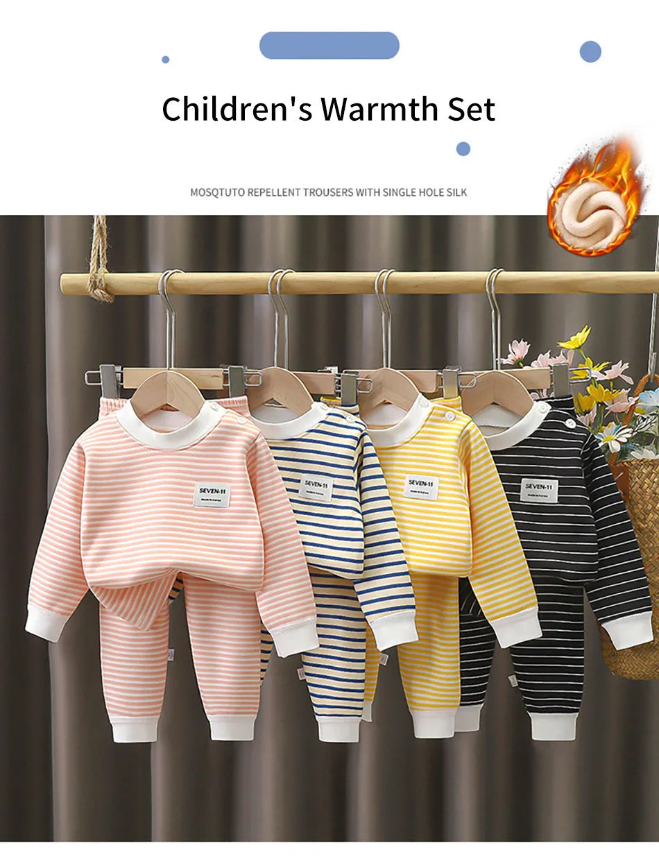 Baby Warm Clothing Set Fleece Lined Children Boys Girls Striped Underwear Sleepwear Set Ideal for Home Pajamas Autumn Winter