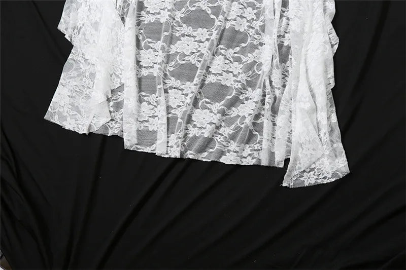 Goth Dark Fairycore Lace Flare Sleeve Square Neck A-line Dress Sweet E-girl Irregular Long Hem Dresses Cyber Y2K Party Vestido