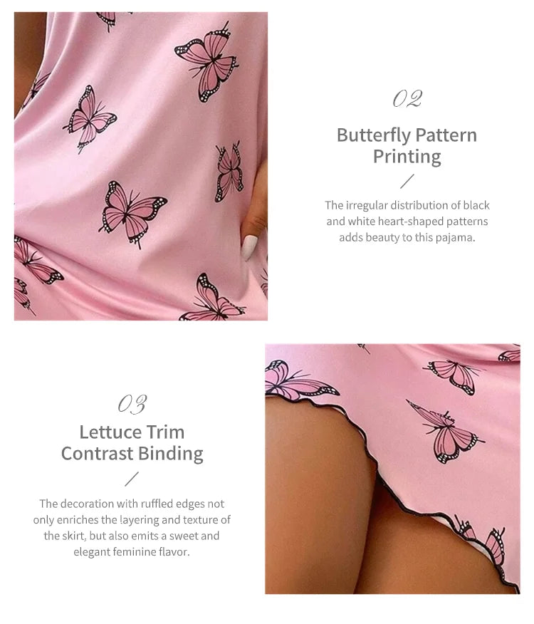 Women's Sleepwear Butterfly Print Lettuce Trim Nightdress Casual Round Neck Backless Mini Slip Dress Soft Comfortable Nightwear