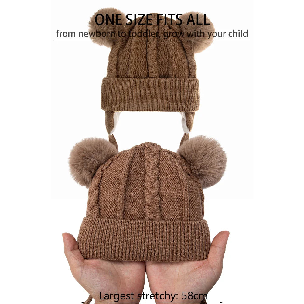 Cute Bear Earpuff Textured Knit Hats Pompom Baby Boys Girls Thick Warm Winter Ear Protection Caps Cotton Lining Kids Headwraps