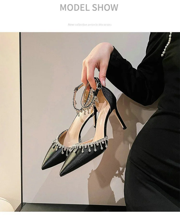 Comemore White Wedding Bridesmaid Shoes Satin Fashion Rhinestone Fringe Chain High Heels Black Temperament Elegance Pumps