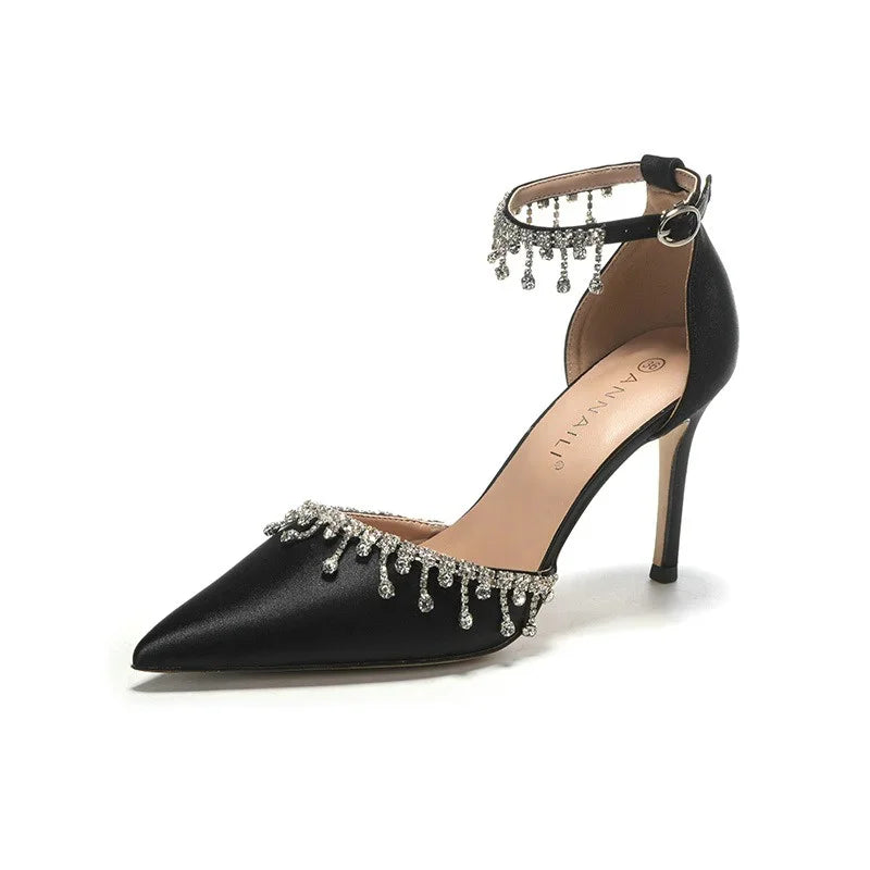 Comemore White Wedding Bridesmaid Shoes Satin Fashion Rhinestone Fringe Chain High Heels Black Temperament Elegance Pumps