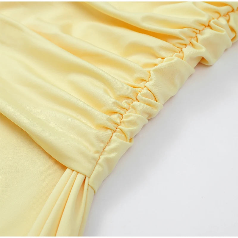 Sexy Yellow Mermaid Maxi Dress Halter Plunging V Neck Pleated Bust Ruched Waist Bodycon Dresses Trendy Social Gathering Vestido