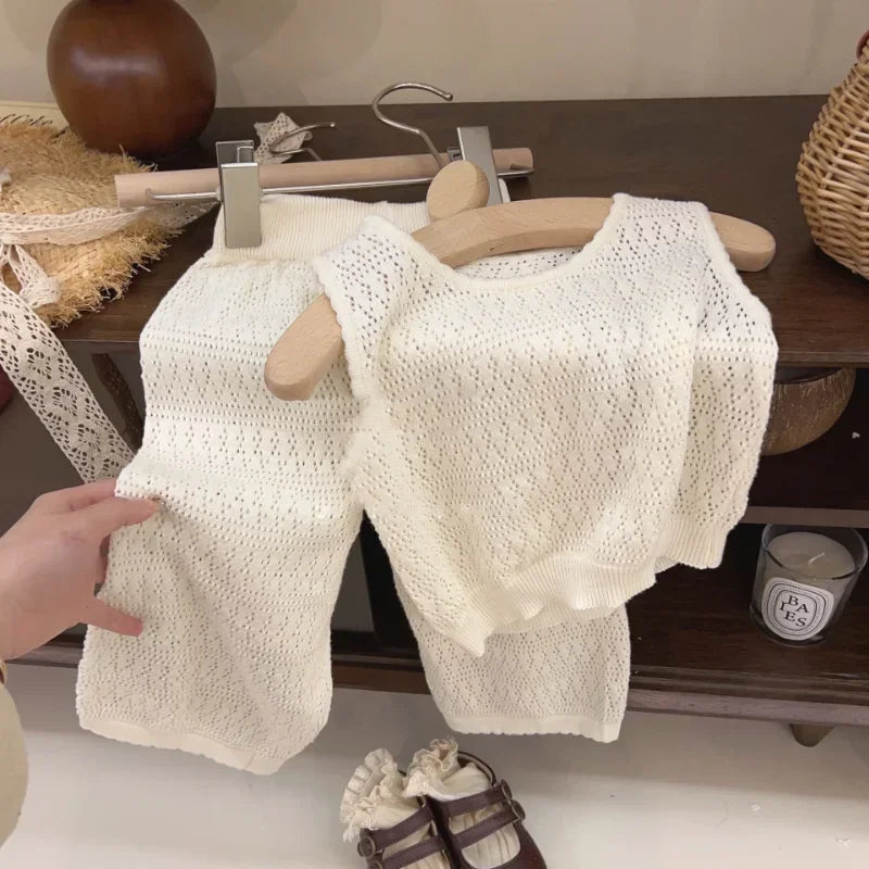 Girl's Clothing Summer Korean Thin Knitted Girl Set Children Hollow Breathable Vest + Wide Leg Pants Two-piece Suit
