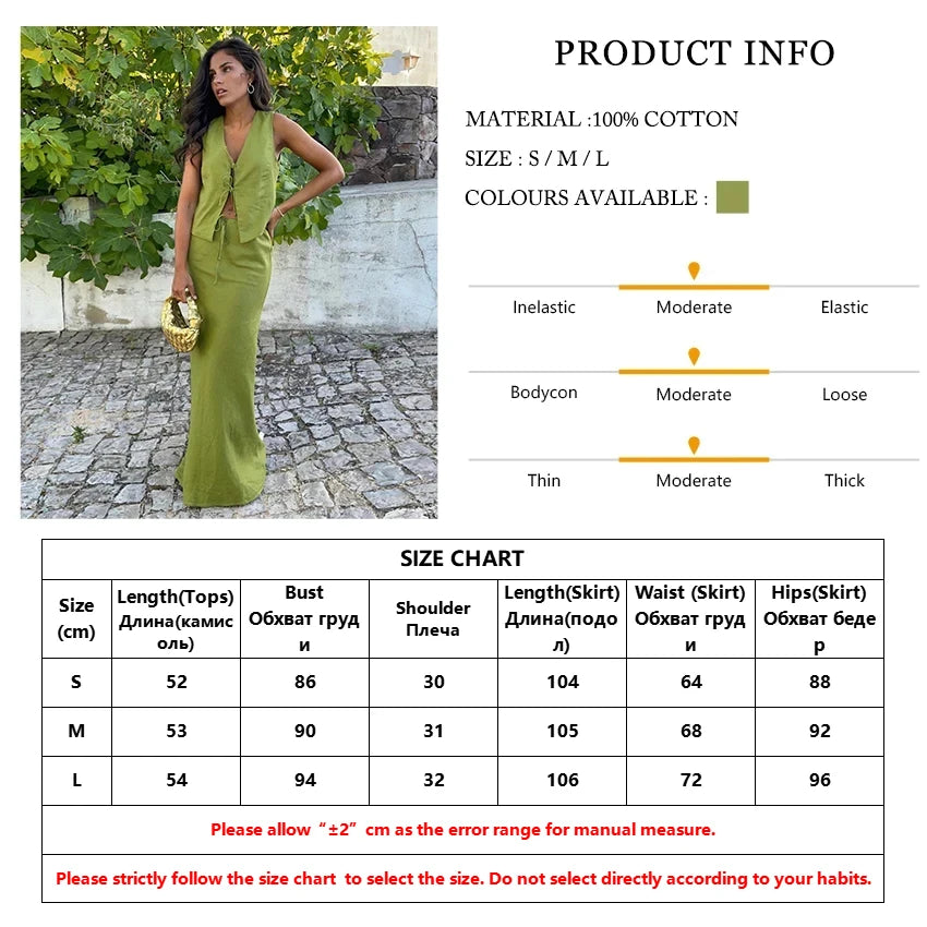 Clacive Sexy Slim Green Cotton 2 Piece Sets Women Outfit Summer Sleeveless Tank Top With Mid Waist Long Skirts Set Female