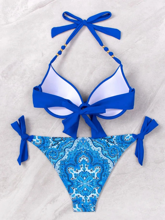 Push Up Halter Bikini Printed Swimsuit Women Sexy Strappy Swimwear Female Bathers Bathing Swimming Swim Suit Beachwear