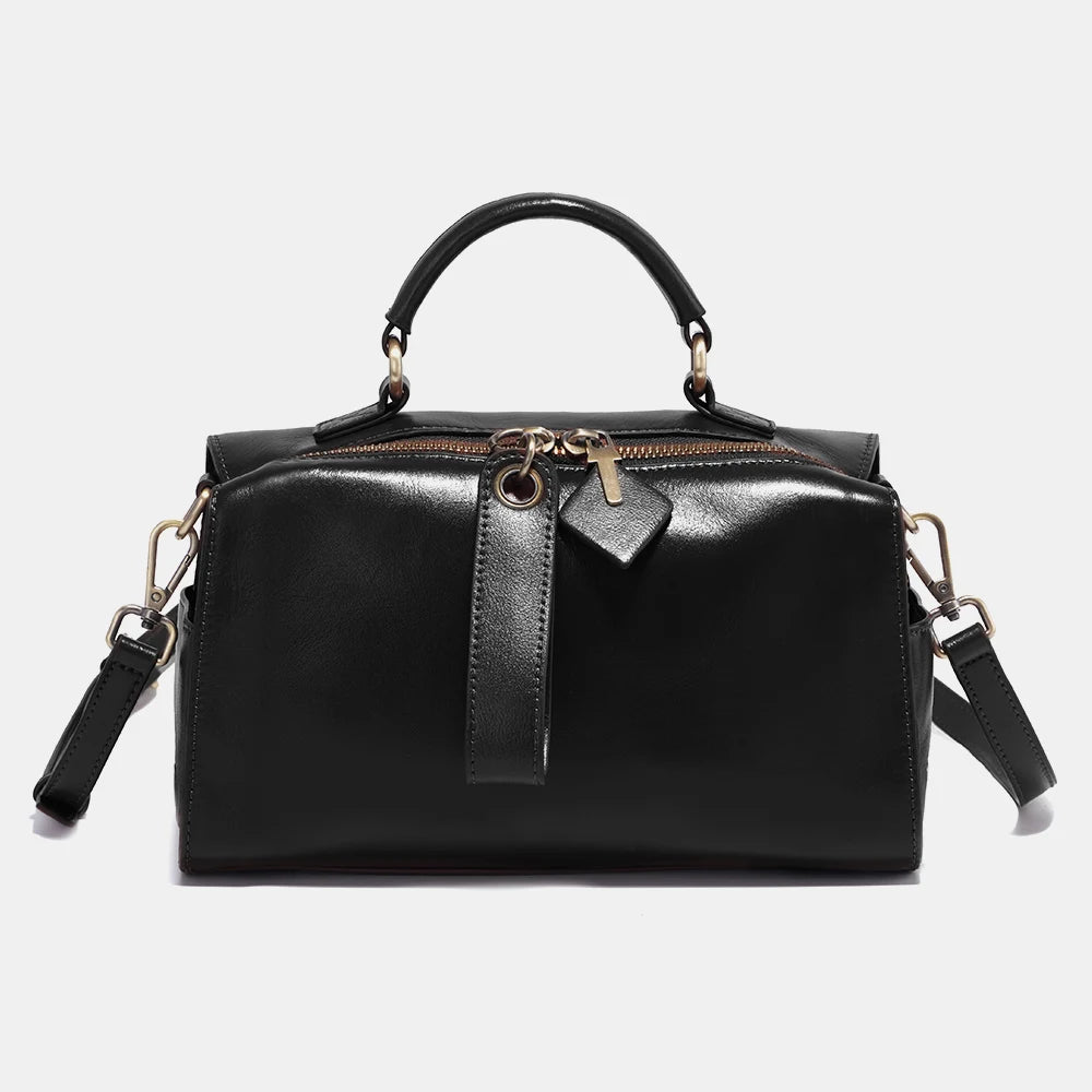Zency Oil Wax Leather Vintage Green Handbag Women Shoulder Bag Satchel Black Wave Pattern Wide Strap Classic Boston Bag Purse