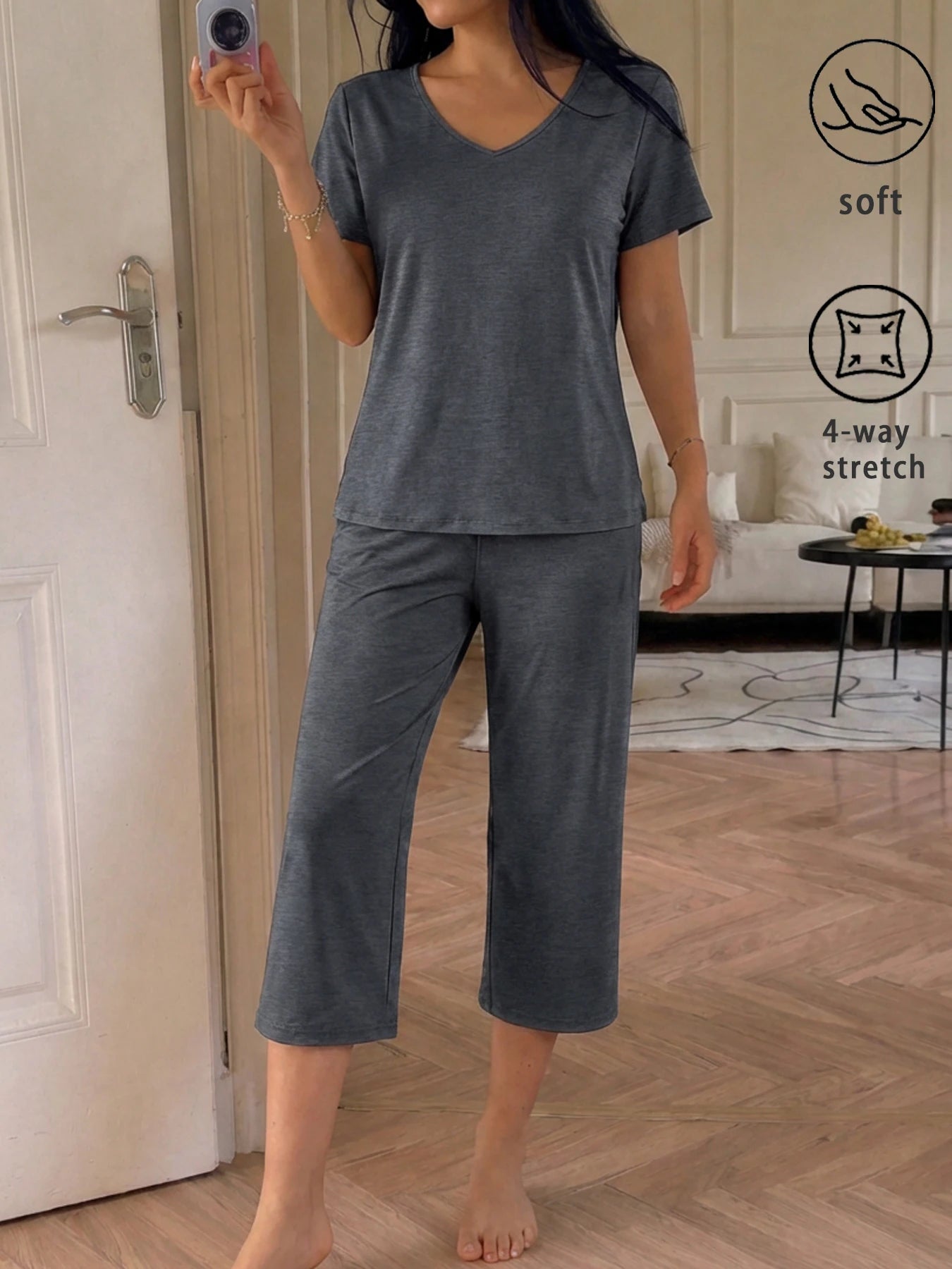 Womens Super Soft Pajama Sets Short Sleeve Top With Capri Pants Sleepwear 2 Piece Lounge Set